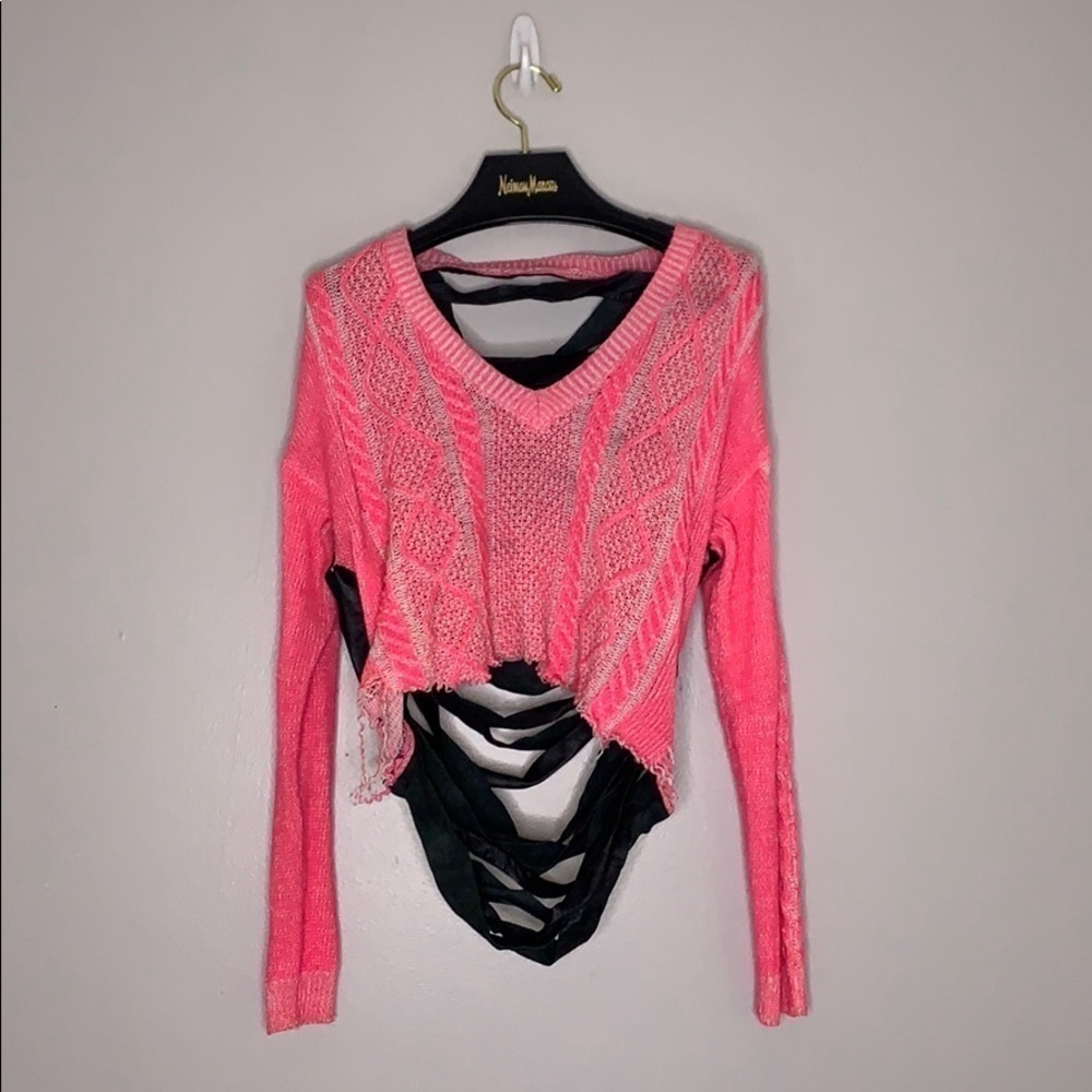 Rockstar V Neck Open back Crop Knit Sweater faux leather Strappy women pullover